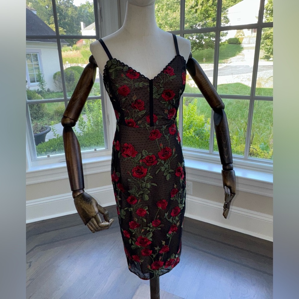 BCBGMaxAzria Black Dress with Red Floral Embroidery